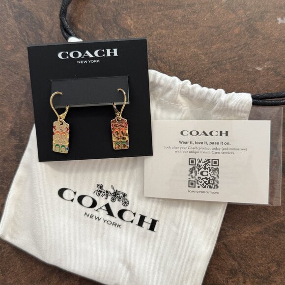 Coach Rainbow Quilted C Tag Gold-Tone Drop Earrings New With Pouch & Tag - Picture 2 of 6